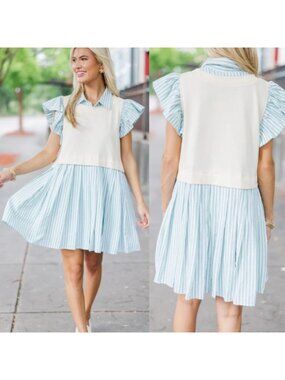 Layered Preppy Dress Small Green Cream Stripe Collared Ruffle Sleeve Fit & Flare